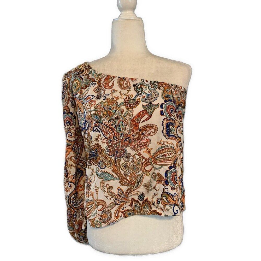 Shein Orange White Blue Paisley Pattern Cold Shoulder Top Medium